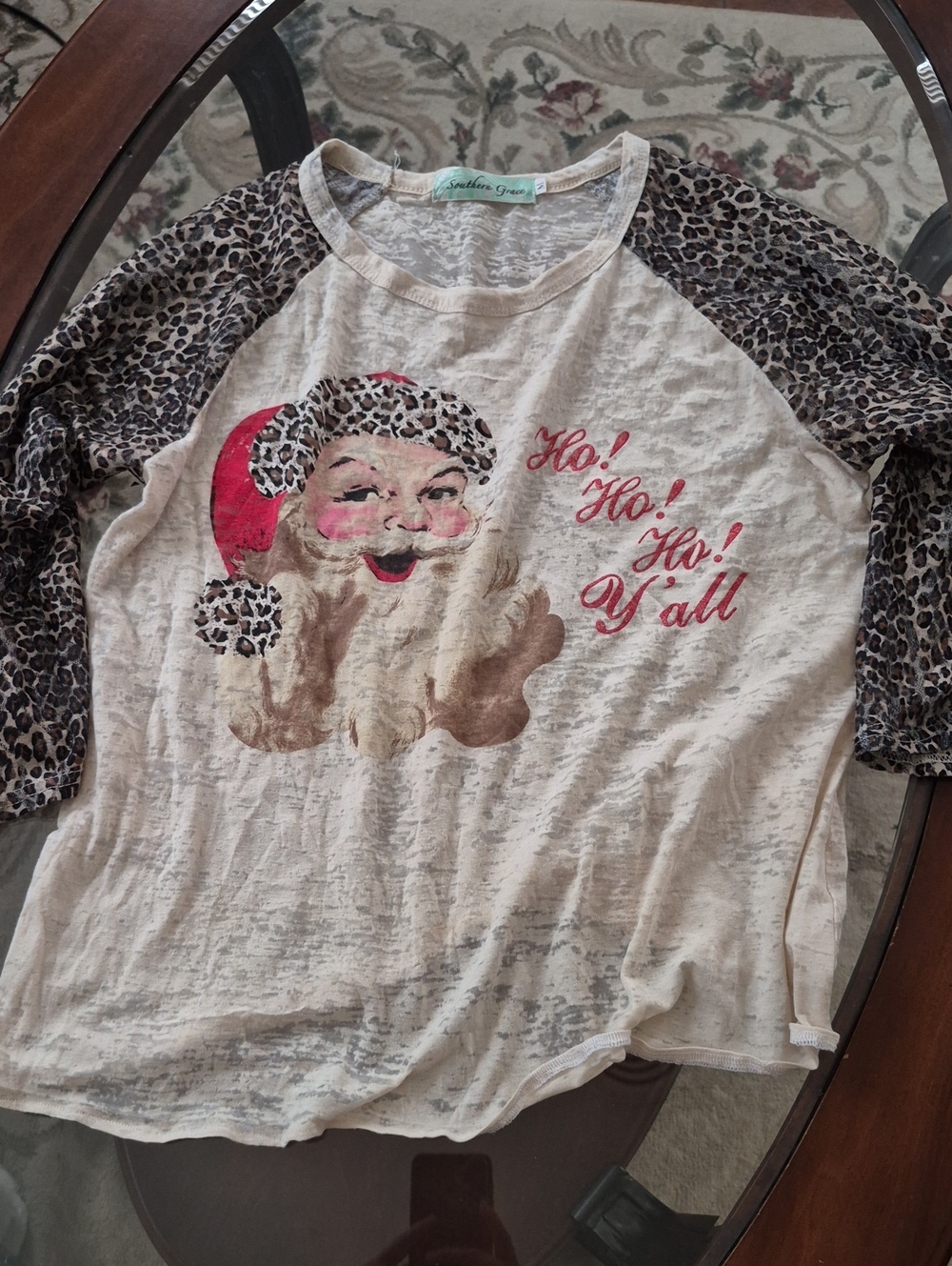 Southern Grace Cream Leopard-Sleeve Santa Raglan Long Sleeve Tee